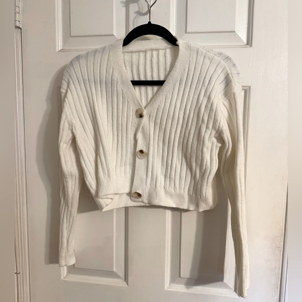 Women's White Ribbed Cardigan Sweater